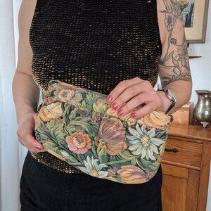 90s Vintage - Sweet floral clutch tapestry handbag, gold chain